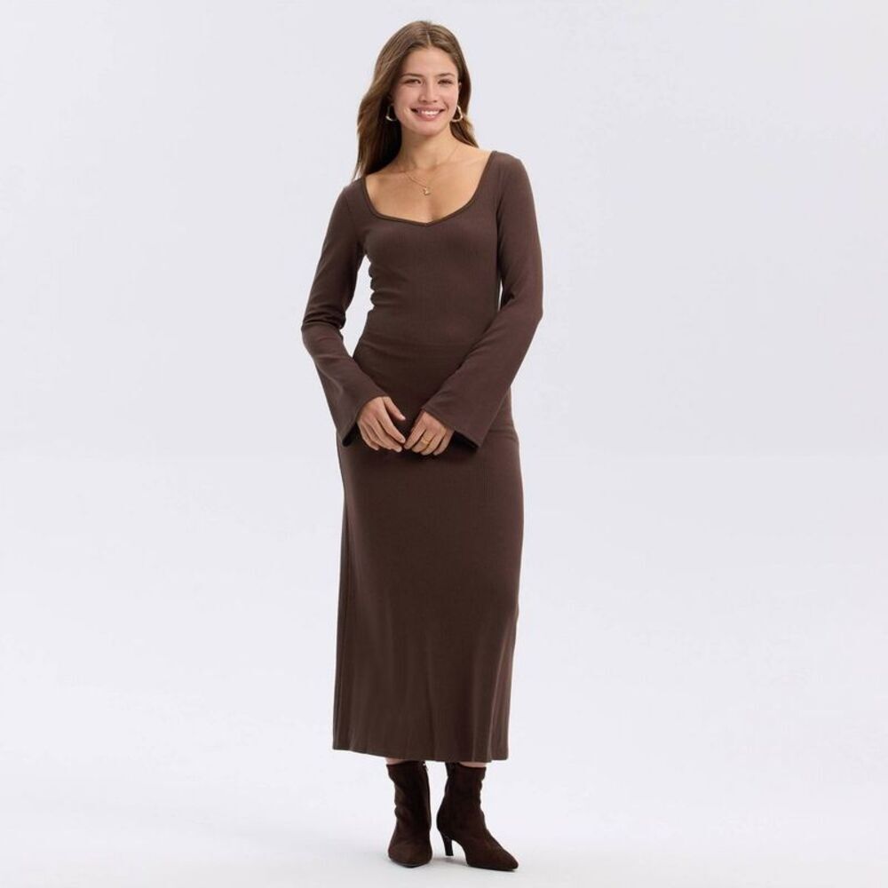 Women's Bell Long Sleeve Ribbed Flare Dress - A New Day Brown S